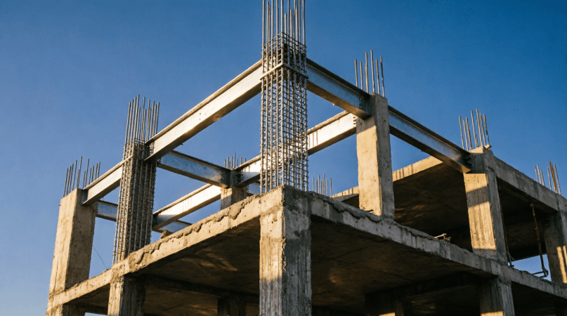 Estructura de concreto y acero en construcción al amanecer en una ciudad mexicana