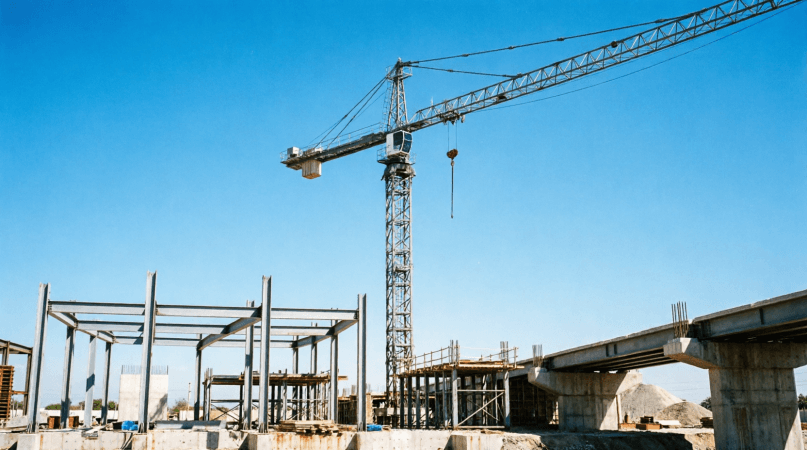 Grúa torre sobre una obra de infraestructura con cielo despejado