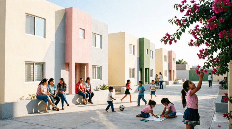 Conjunto de vivienda social recién construido con familias mexicanas en el patio